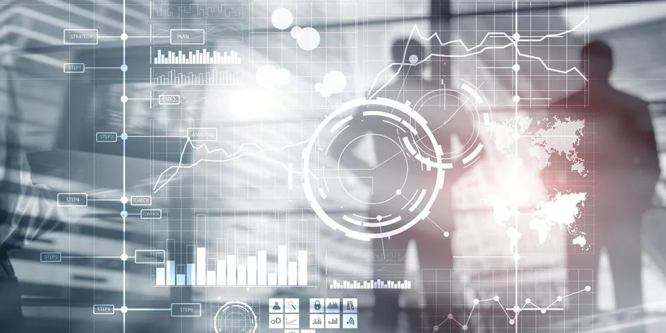 Illustration, 3D. Display interface intelligence dashboard and charts. Financial 스톡 일러스트