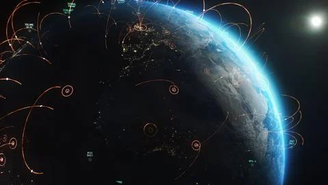 Illustration 3D graphics of abstract digital streams and lines over Earth Stock Illustration