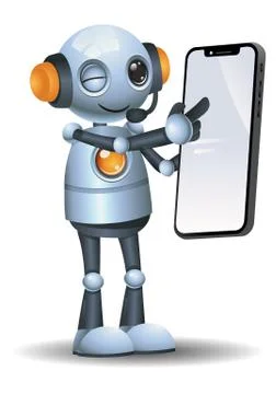 Illustration 3d of little robot operator tell to contact us via smartphone Stock Illustration