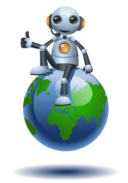 Illustration 3d of little robot operator sit on earth globe Stock Illustration