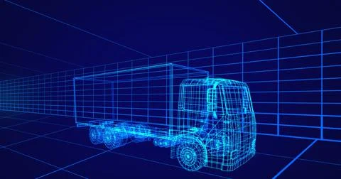 Illustration of 3d model grid patterned truck against blue background, copy Illustrazione stock