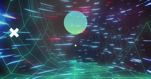 Illustration of 3d mountains and sun over multicolored blurred pattern Illustrazione stock