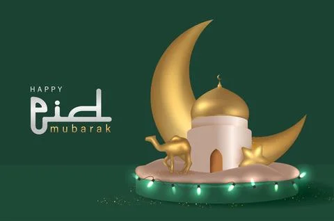 Illustration of 3D Realistic Golden Crescent Moon on Round Podium Design Stock Illustration