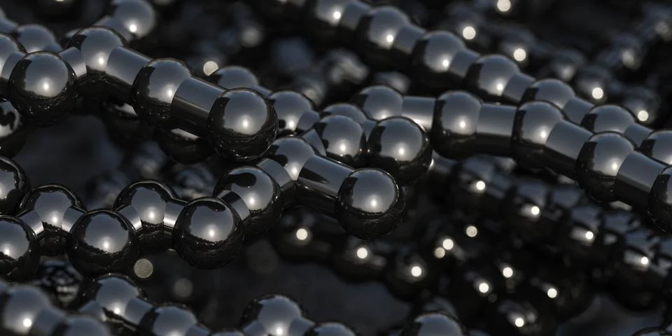 Illustration of a 3D rendered close-up view of multiple black spheres 3d render Stock Illustration
