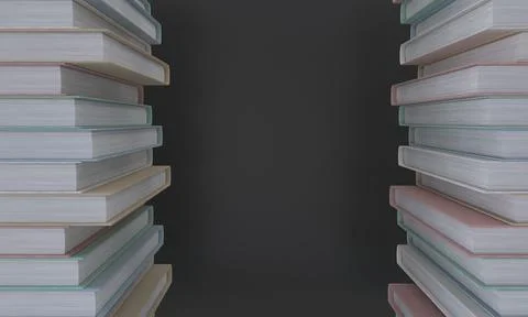 Illustration of 3D rendering of books stacked in two coloumns on a dark backgrou Illustrazione stock