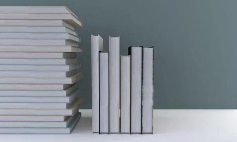 Illustration of 3D rendering of two stacks of books, on a gray background with s Illustrazione stock