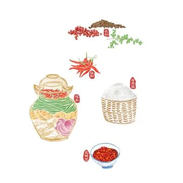 Illustration of 5 key elements of Sichuan cuisine Illustrazione stock