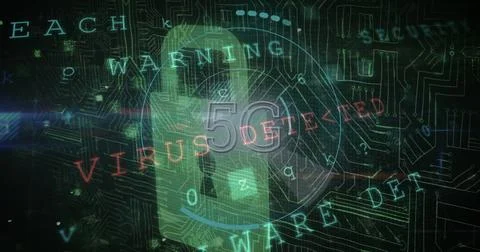 Illustration of 5g and multiple texts over padlock against circuit board Stock Illustration