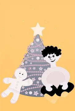 Illustration on A4 format - New Year and Christmas. A boy, a Christmas tree w Stock Illustration