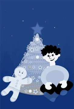 Illustration on A4 format - New Year and Christmas. A boy, a Christmas tree w Stock Illustration