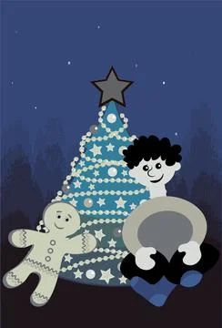 Illustration on A4 format - New Year and Christmas. A boy, a Christmas tree w Stock Illustration