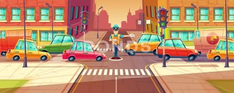 Illustration of adjusting city crossroads in rush hour, traffic jam, transport Stock Illustration