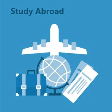 Illustration of an airplane, globe, suitcase and tickets - study abroad conce Stock Illustration