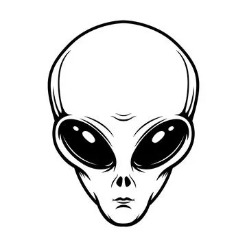 Illustration of alien head in engraving style. Design element for emblem, p.. Stock Illustration