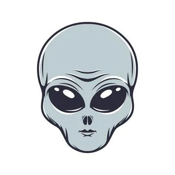 Illustration of alien head in engraving style. Design element for emblem, p.. Stock Illustration
