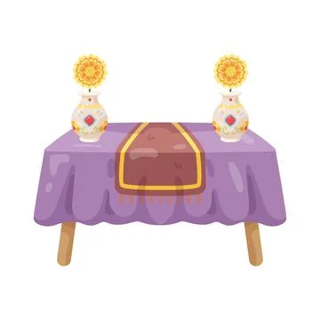 Illustration of altar table with vases and marigold flowers Иллюстрация