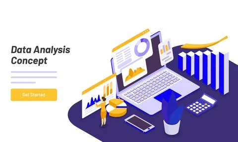 Illustration of analyst or developer work desk with tiny business woman ana.. 스톡 일러스트