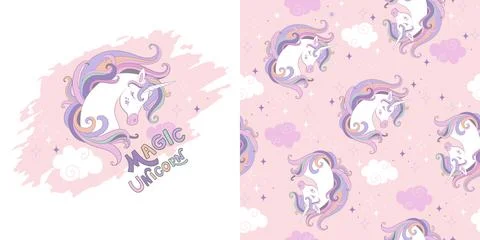 Illustration and seamless pattern with unicorn vector Stock Illustration