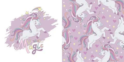 Illustration and seamless pattern with unicorn vector Stock Illustration