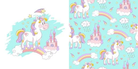 Illustration and seamless pattern with unicorn vector art Stock Illustration