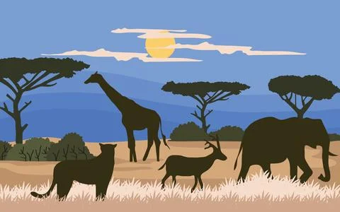 Illustration animals flat background of elephants, giraffes,and trees in th.. Stock Illustration