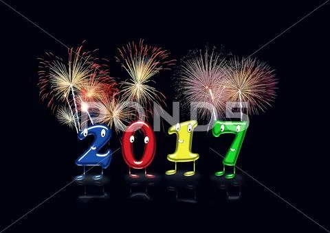 Illustration of animated 2017 numerals with fireworks Stock Illustration