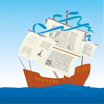Illustration of antique boat with knowledge sails. Stock Illustration