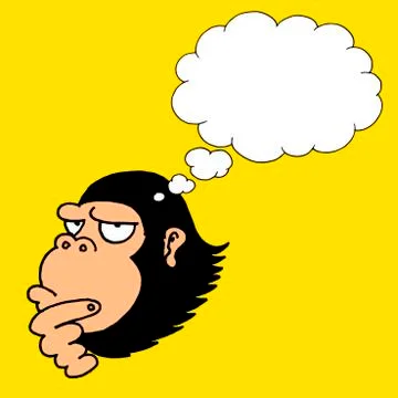 Illustration of an ape thinking of something on a plain yellow background イラスト素材