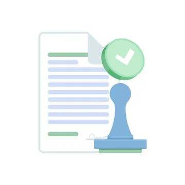 Illustration of approved document with stamp icon, showing validated paperwork. 스톡 일러스트