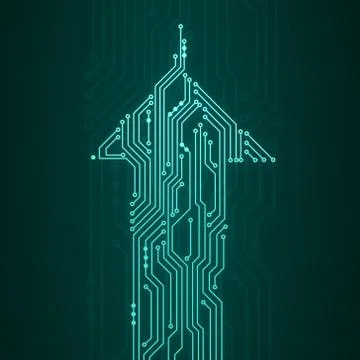 Illustration of up arrow on circuit microchip background Illustrazione stock