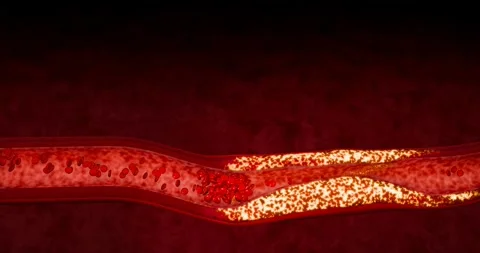 Illustration of artery clogged by excess cholesterol, trans fats, and sugars fro Stock Footage 281767659