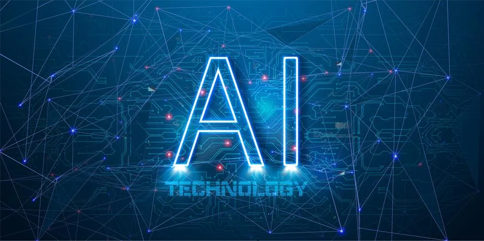 Illustration of Artificial intelligence AI with blue neon AI text on a printed Illustrazione stock