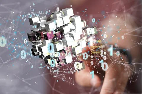 An illustration of Artificial Intelligence cloud technology in hands of a bus 스톡 사진