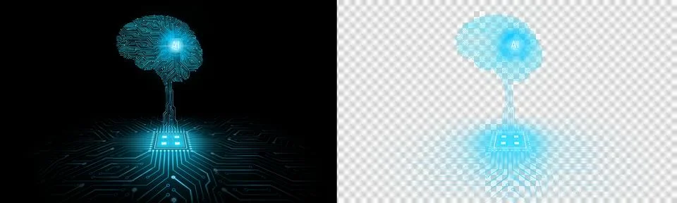 Illustration of artificial intelligence concept with glowing brain on circuit bo Stock Illustration