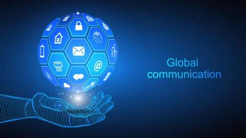 Illustration of artificial intelligence holding a globe in hand with global Stock Illustration