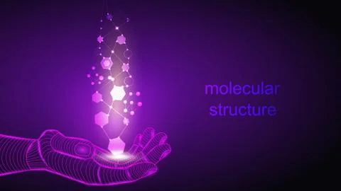 Illustration of artificial intelligence holding in its hand a molecular Illustrazione stock
