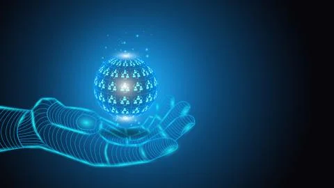 Illustration of artificial intelligence holding planet Earth in hand. Science Stock Illustration