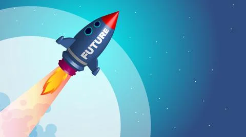 Illustration of an ascending blue rocket with FUTURE on it on a blue background Иллюстрация