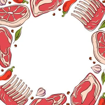 Illustration of assorted raw meat cuts with herb, pepper, garlic and spice Illustrazione stock