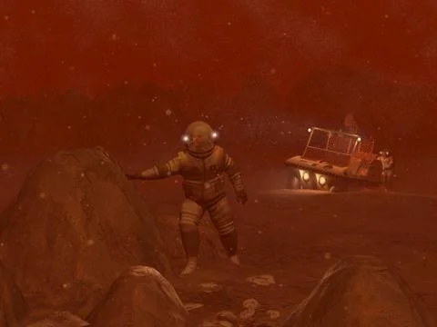 Illustration of astronauts exploring the surface of Saturn's moon Titan during a Ilustração Stock