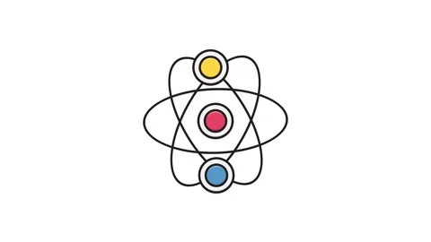 An illustration of an atom featuring three distinct circles surrounding it. Stock Footage 335259534