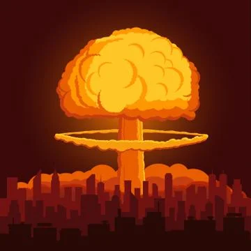 Illustration with atomic explosion cloud above city. Vector. Stock Illustration