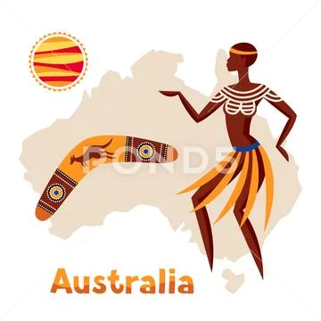 Illustration of Australia map with woman aboriginal and boomerang. Stock Illustration