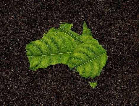 Illustration of an Australian map, made of a leaf on soil, the concept of ecolog Stock Photos