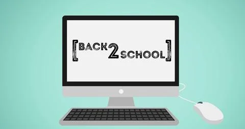 Illustration of back 2 school text on computer screen with keyboard and mouse on Stock Illustration