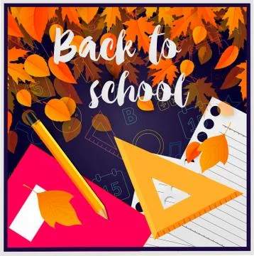 Illustration of back to school background with school supplies, autumn leaf f Stock Illustration