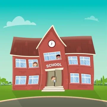 Illustration Back to school. School and children in it waving their hands. Stock Illustration