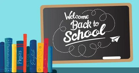 Illustration of back to school text with paper airplane on writing slate and イラスト素材