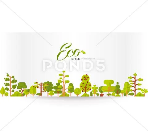 Illustration of banner or strip paper with lettering, green trees and bushes on Stock Illustration