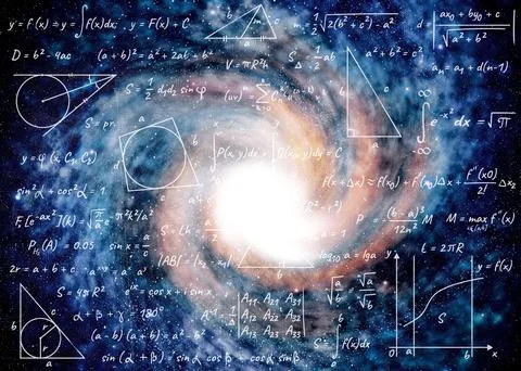 Illustration of basic physics and mathematics formulas and galaxy in universe Illustrazione stock